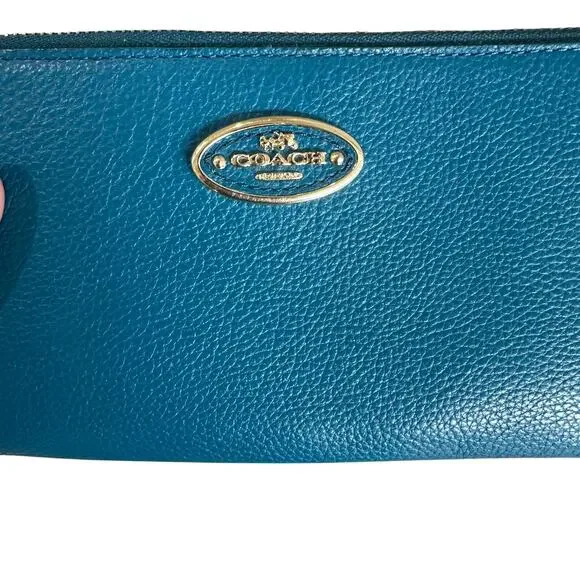 COACH Teal Blue Leather L Zip Continental Clutch Wallet With Gold Logo, Like new - Picture 3 of 5